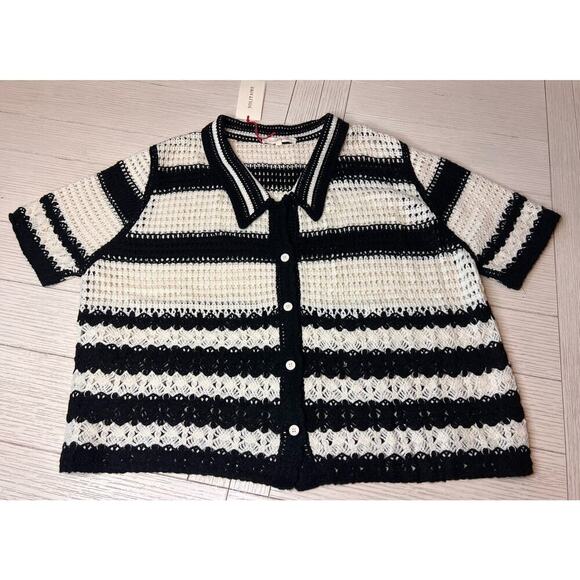 NWT Solitaire XL women’s short sleeve button down open knit cardigan.Blk & cream - Picture 1 of 6